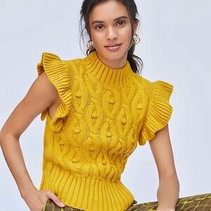 Anthropologie ochre mustard yellow flutter sleeve knit sweater
